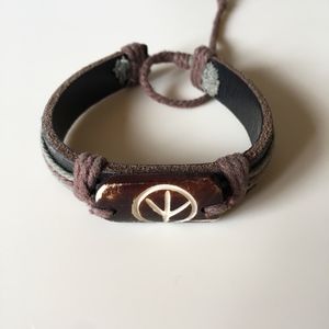 Peace Sign Pull String Cuff Brown Leather Bracelet